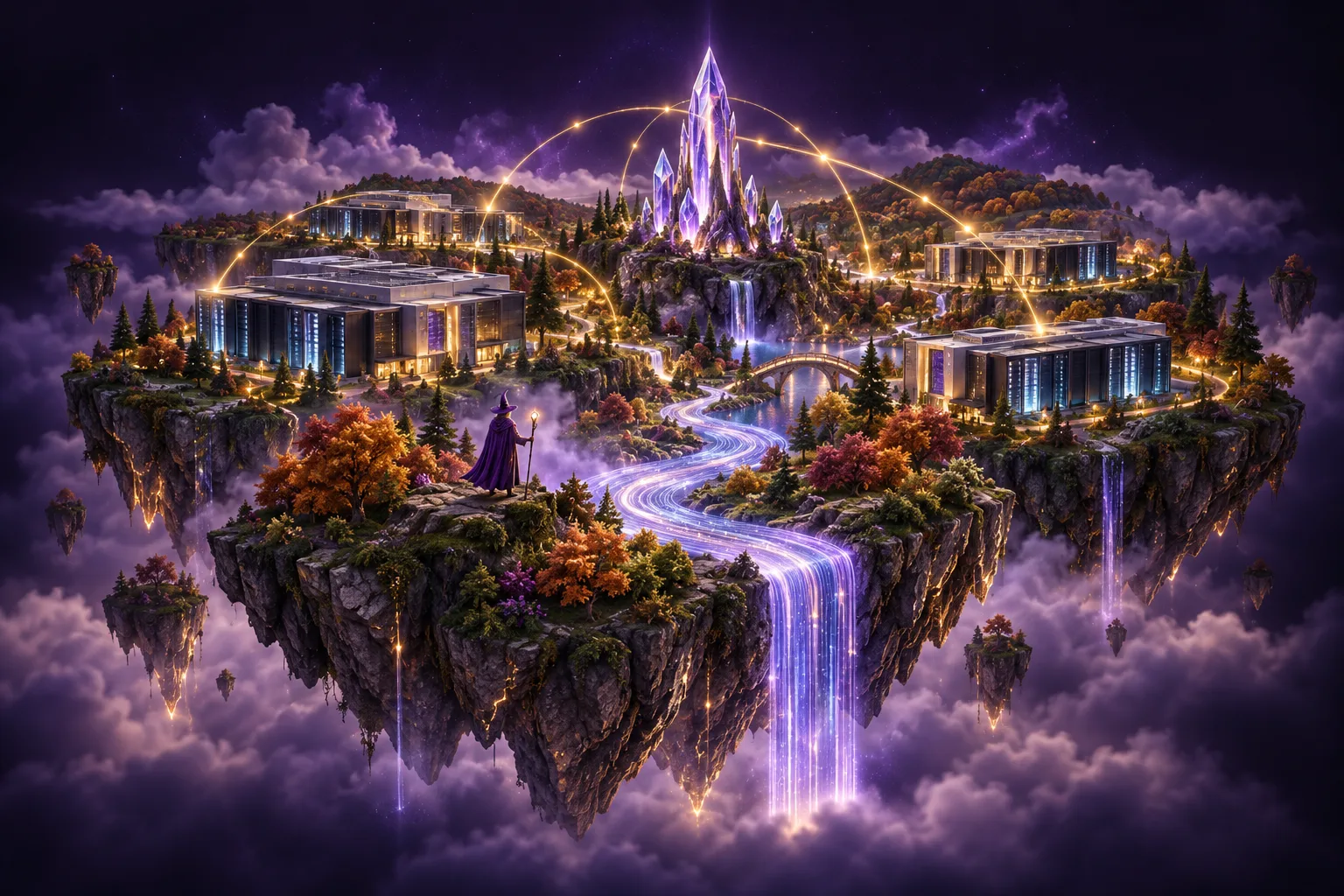 Magical Ashburn-inspired island with modern data halls, Virginia woodland and a river of glowing connections