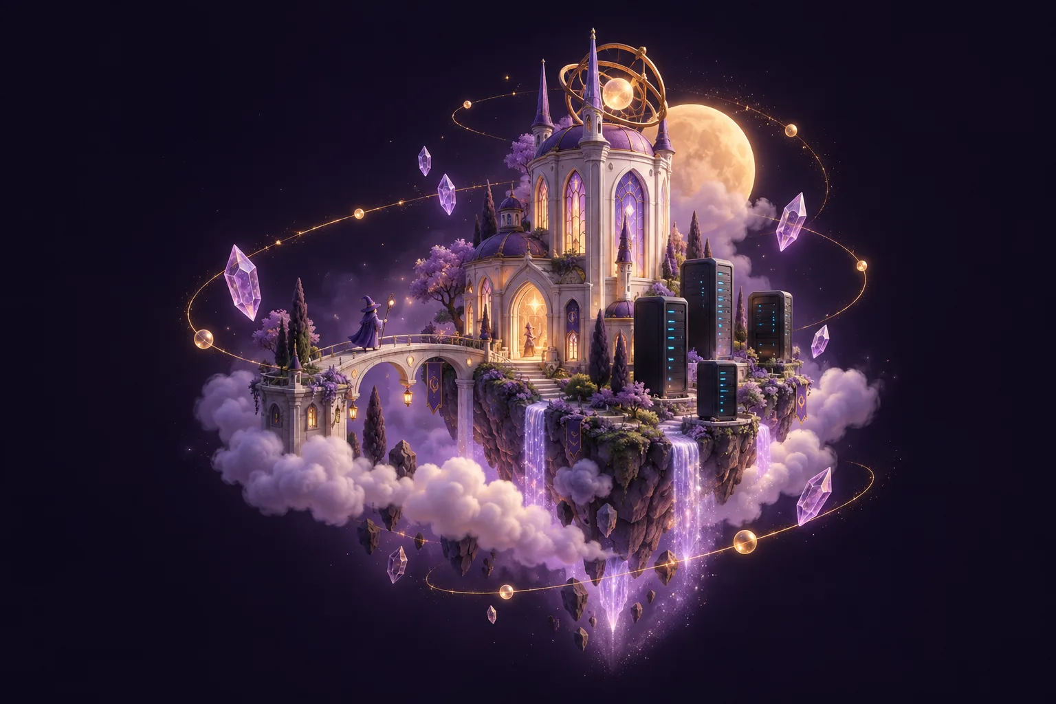 An enchanted floating observatory with glowing server crystals and a tiny wizard