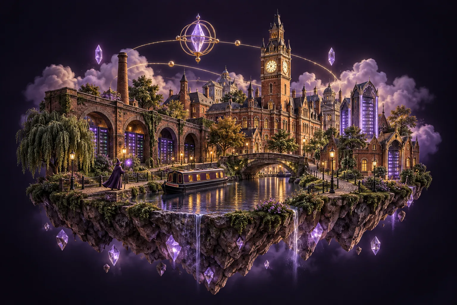 Magical Wolverhampton-inspired island with brick arches, a canal boat and glowing server crystals